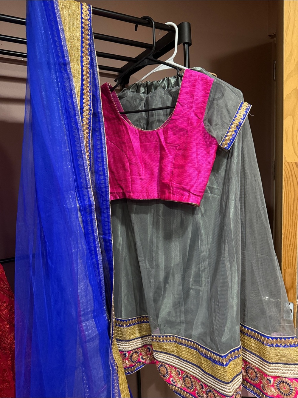 Pink Blouse with Gray Lehenga and Blue Dupatta - Women's Ethnic Top Set